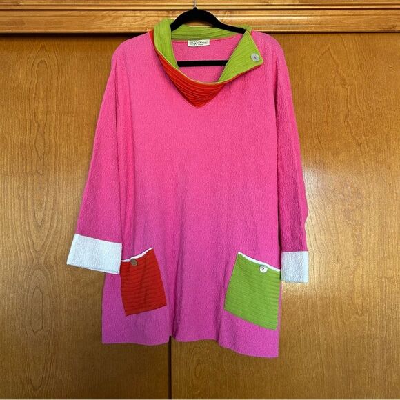 Margaret Winters Patch Pocket Tunic Sweater Pink Size 1x Lagenlook Art Deco - Picture 1 of 12